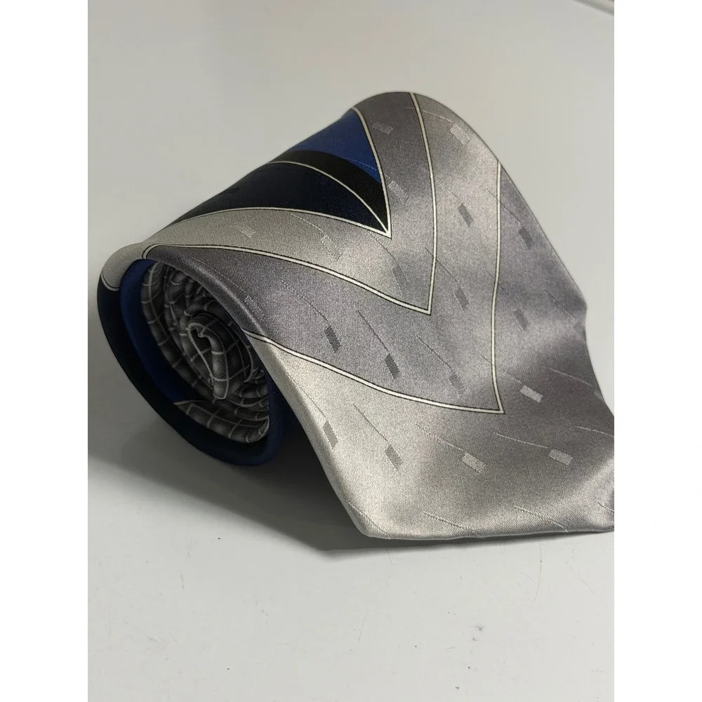 VTG Pierre Cardin Necktie Silver Blue Geometric Chevron Silk Formal Mens OS